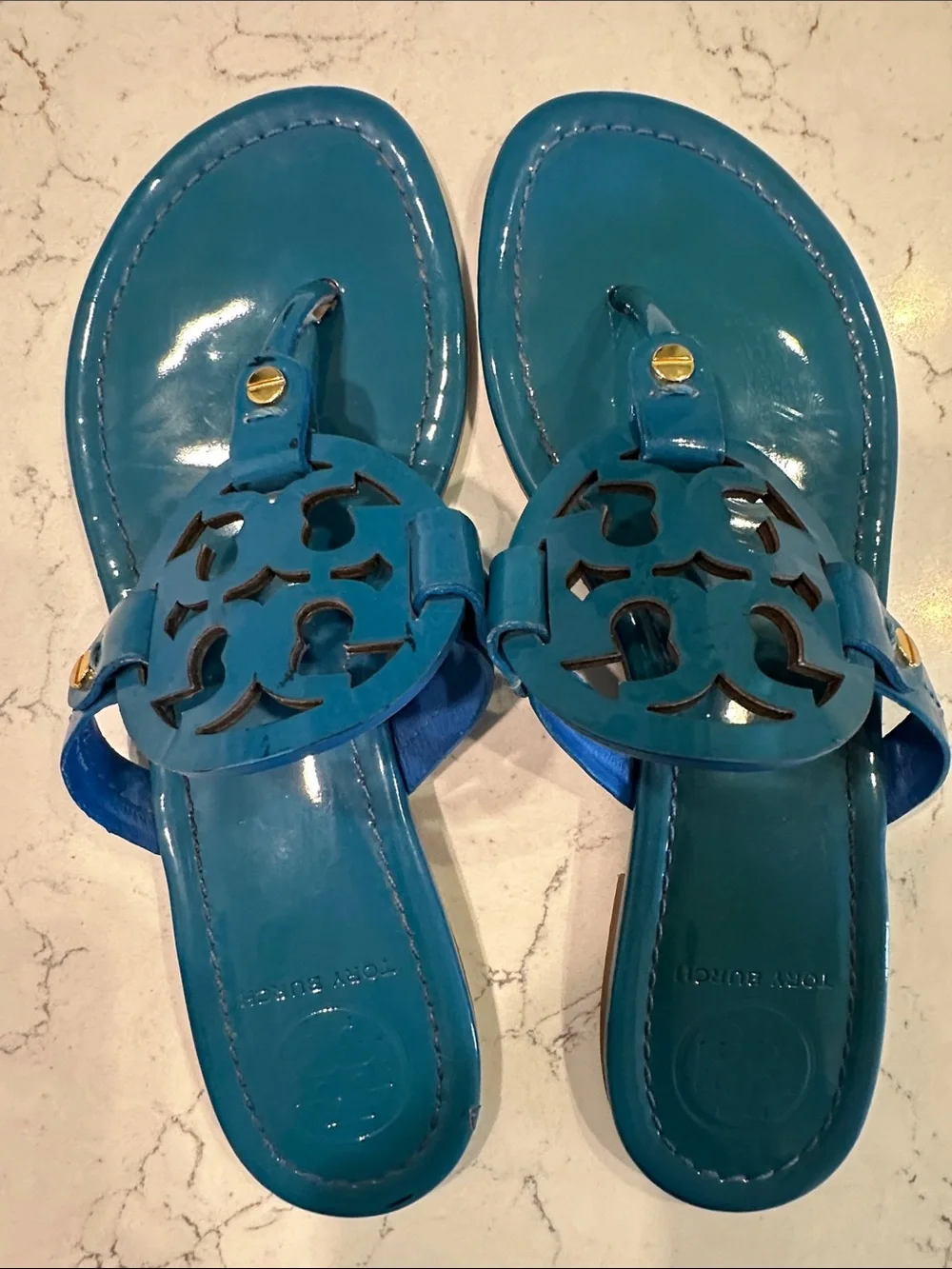 Tory Burch Miller Teal Blue Green Patent Sandals Size 7